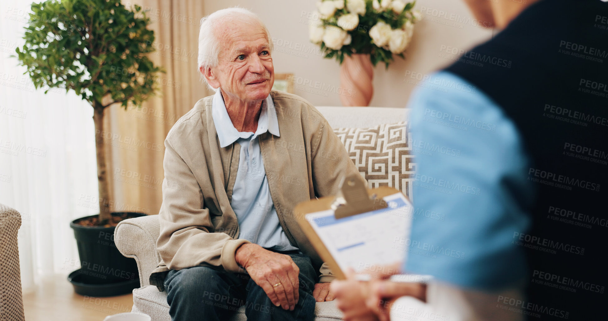 Buy stock photo Senior, nurse and man with consultation in home for medical diagnosis, prescription or treatment. Male person, caregiver or therapist with clipboard for health checkup, exam or assessment in house