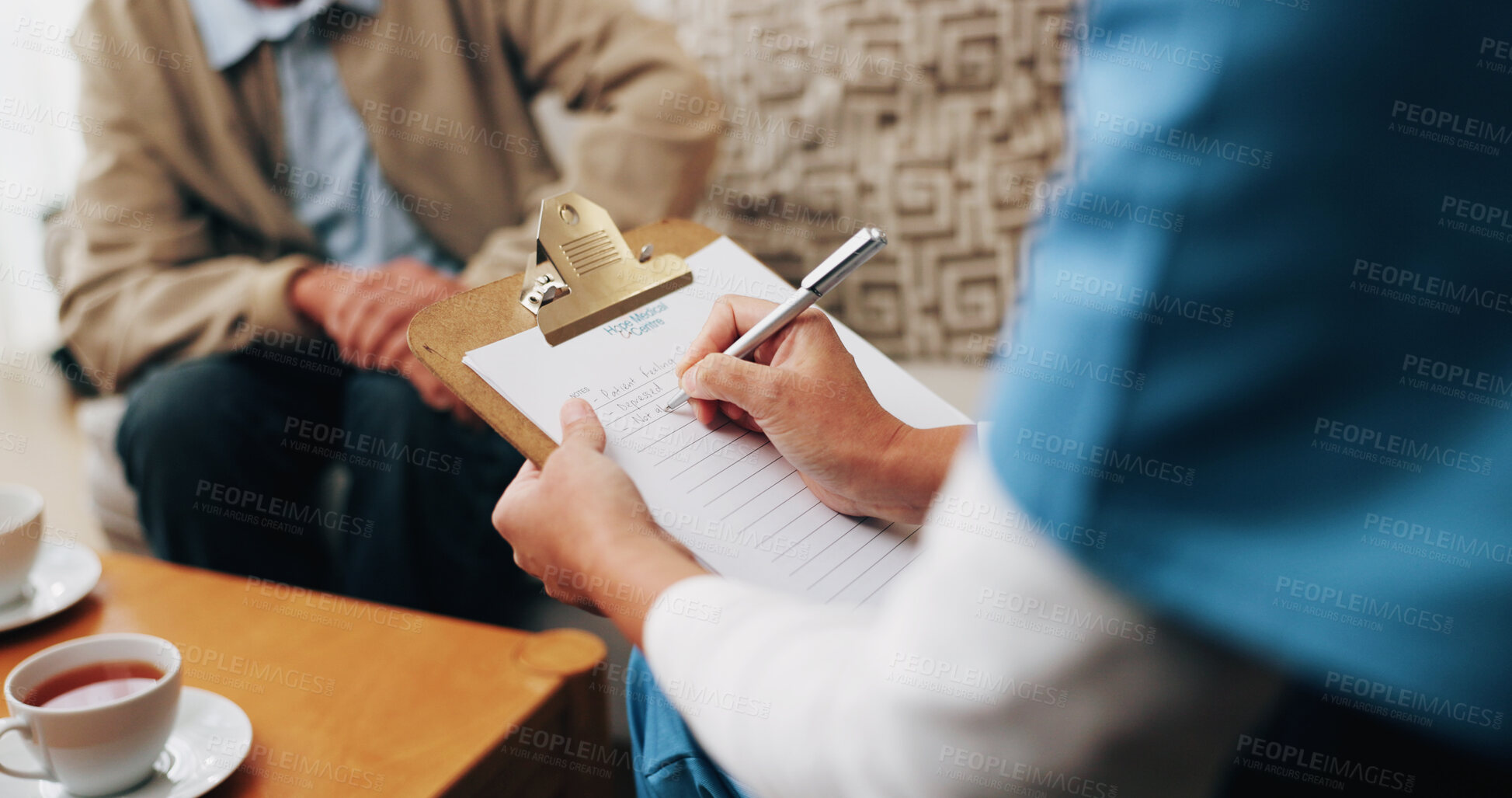 Buy stock photo Nurse, hands and writing with patient for healthcare assistance, prescription or diagnosis in home. People, health worker or caregiver with notes for medical exam, appointment or checkup in house