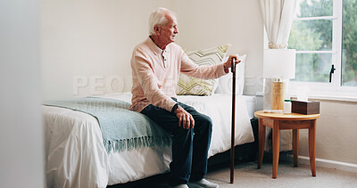 Buy stock photo Thinking, relax and senior man in bedroom at house for reflection, remember or retirement memory. Walking stick, nostalgia and elderly person with dementia on bed with ideas for pension in home