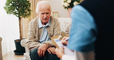 Buy stock photo Nurse, writing and senior man with consultation for chronic illness, health checkup or diagnosis. Caregiver, therapist or taking notes with male person for elderly care, exam or healthcare service