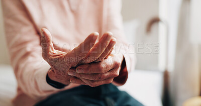 Buy stock photo Senior, person and hands with wrist pain in home for carpal tunnel syndrome, discomfort or injury. Elderly, sore arm or arthritis with muscle tension or joint inflammation for fibromyalgia in house