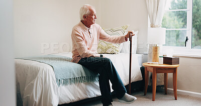 Buy stock photo Planning, relax and senior man in bedroom at house for reflection, remember or retirement memory. Walking stick, nostalgia and elderly person with dementia on bed with ideas for pension in home