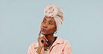 Thinking, space and black woman in studio with ideas, brainstorming or reflection on creative career. Decision, memory and magazine editor on white background for planning, nostalgia or remember.