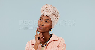Buy stock photo Thinking, space and black woman in studio with ideas, brainstorming or reflection on creative career. Decision, memory and magazine editor on blue background for planning, nostalgia or remember.