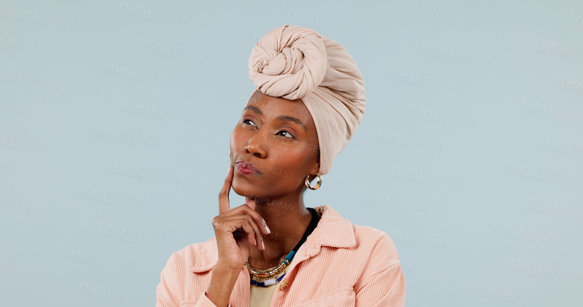Buy stock photo Thinking, space and black woman in studio with ideas, brainstorming or reflection on creative career. Decision, memory and magazine editor on blue background for planning, nostalgia or remember.