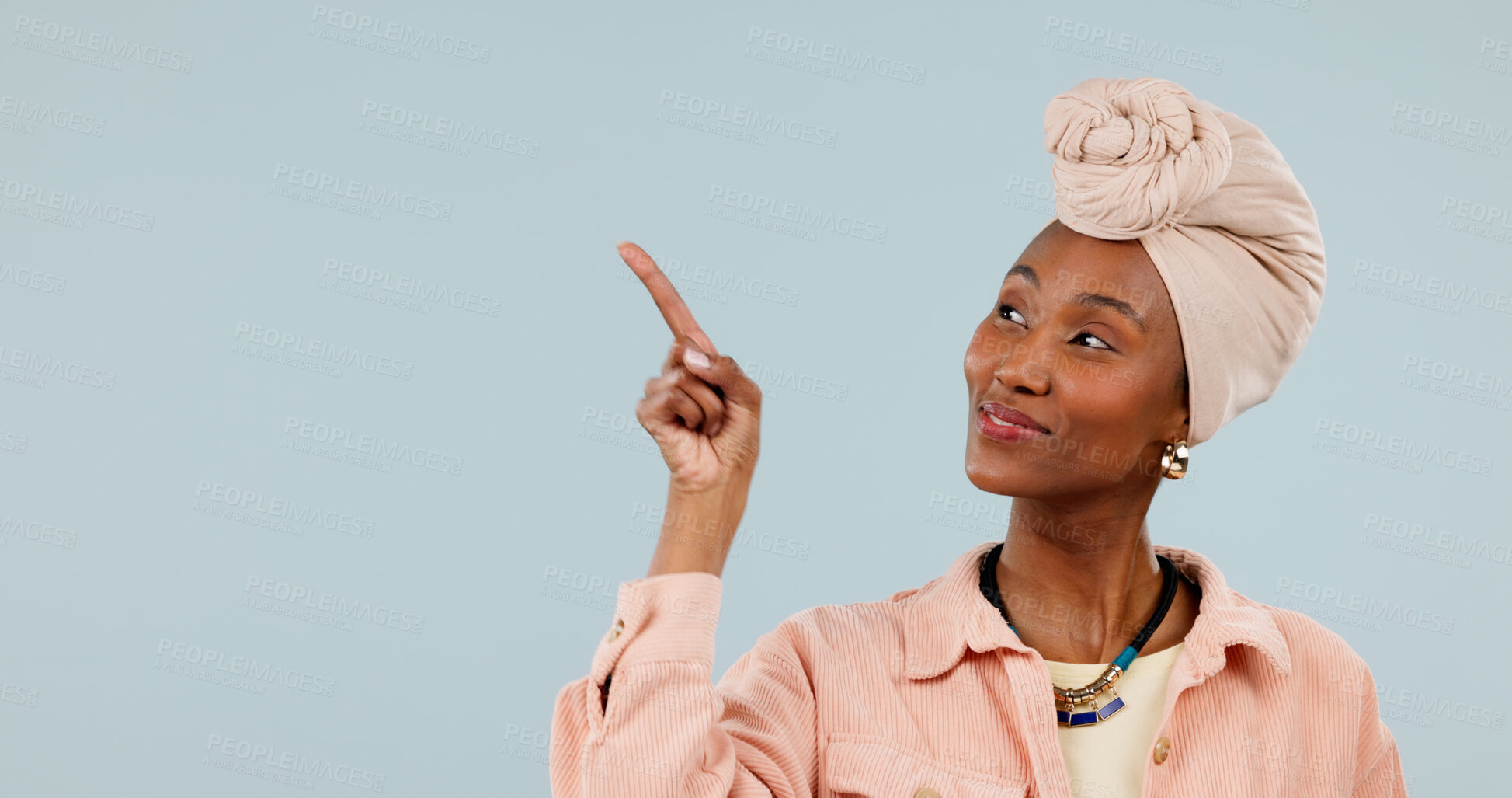 Buy stock photo Studio, presentation and woman with smile, point and advertising options for discount deal or offer. White background, space and black person with recommendation, happy and promotion with gesture
