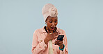 Studio, surprise and woman with phone, online and reading good news on social media or notification. White background, mockup space and black person with mobile, shocked and announcement on website