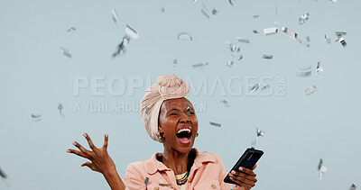 Buy stock photo Confetti, celebration and woman with phone, screaming and good news on social media or notification. Studio, white background and black person with mobile, giveaway and  excited for announcement