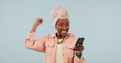 Buy stock photo Studio, celebration and woman with phone, online and good news on social media app and notification. White background, success and black person with mobile, space and excited for announcement on web