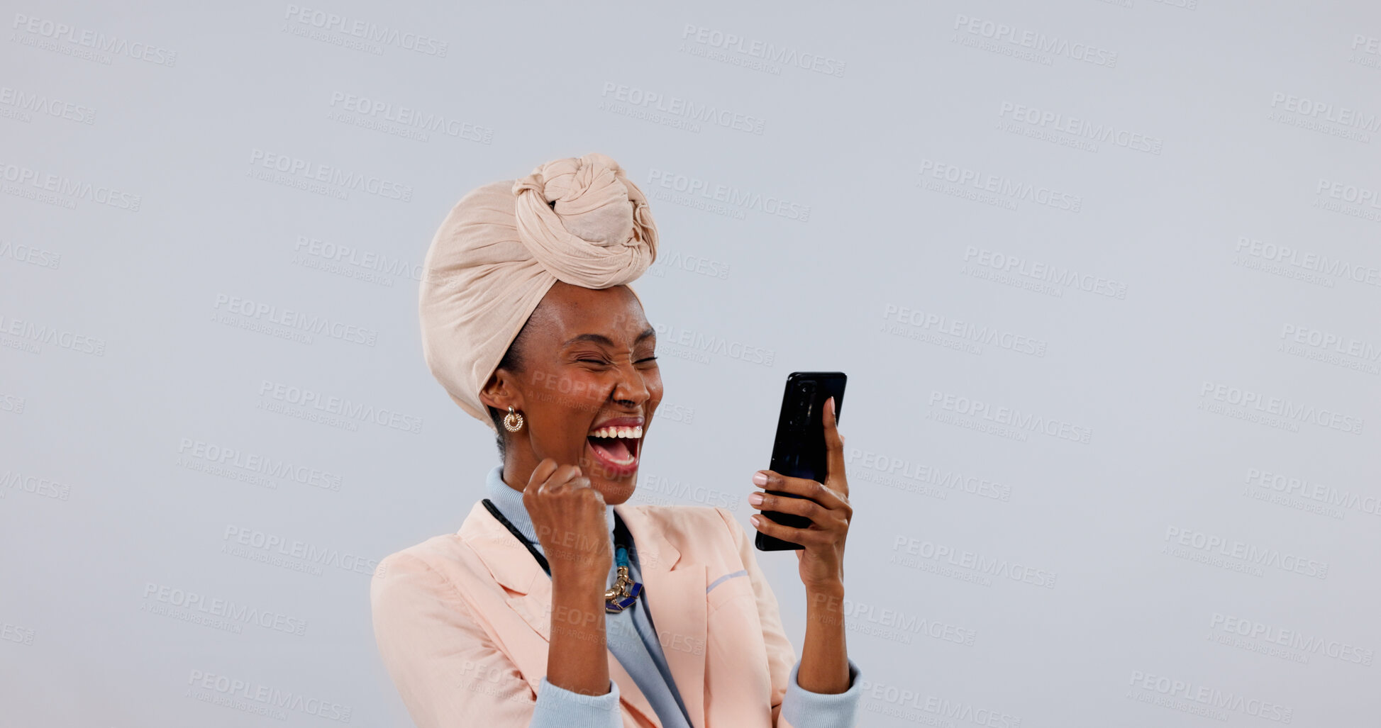 Buy stock photo Studio, celebration and woman with phone, laughing and good news on social media app or notification. White background, success and black person with mobile, mockup space and happy for announcement