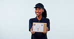 Box, black woman and portrait of courier in studio by space for distribution, delivery or cargo. Happy, package and logistics worker with cardboard parcel for supply chain on white background.