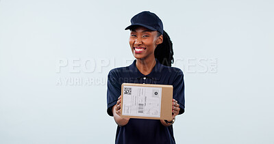 Buy stock photo Box, black woman and portrait of courier in studio by space for distribution, delivery or cargo. Happy, package and logistics worker with cardboard parcel for supply chain on white background.