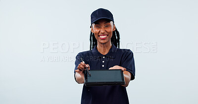 Buy stock photo Portrait, delivery and tablet with black woman in studio for digital signature, courier rating or app. Online shipping schedule, supply chain checklist and smile with person on blue background space