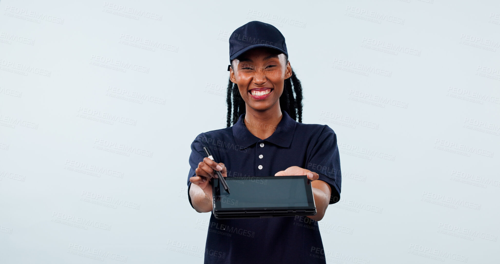 Buy stock photo Portrait, delivery and tablet with black woman in studio for digital signature, courier rating or app. Online shipping schedule, supply chain checklist and smile with person on blue background space