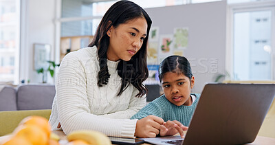Buy stock photo Laptop, mother and child in home for elearning, online lesson and help with study support. Asian family, parent and girl with computer for education, development and academic guidance in homeschool
