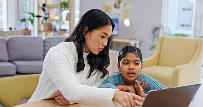 Buy stock photo Laptop, mother and child in home for teaching, online lesson and pointing for education support. Asian family, parent and girl with computer for elearning, development and academic help in homeschool
