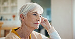 Sofa, thinking and calm with old woman in home for reflection, memory and mindfulness. Retirement vision, perspective and space with senior person in living room in apartment for decision and peace