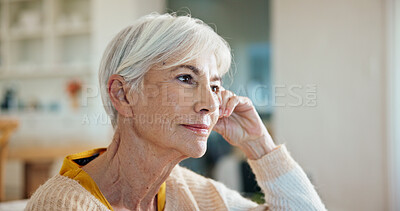 Buy stock photo Relax, thinking and calm with old woman in home for reflection, memory and mindfulness. Retirement vision, perspective and space with senior person in living room in apartment for decision and peace