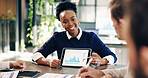 Woman, tablet screen and business people with chart for meeting, financial review and sales growth. Office, tech and consultant with team for statistics, finance report and insight for feedback