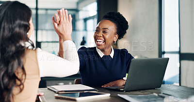 Buy stock photo Office, women and laptop with high five for real estate listing, teamwork and excited together. Realtor, collaboration and people with tech for property sale, good news and happy with success