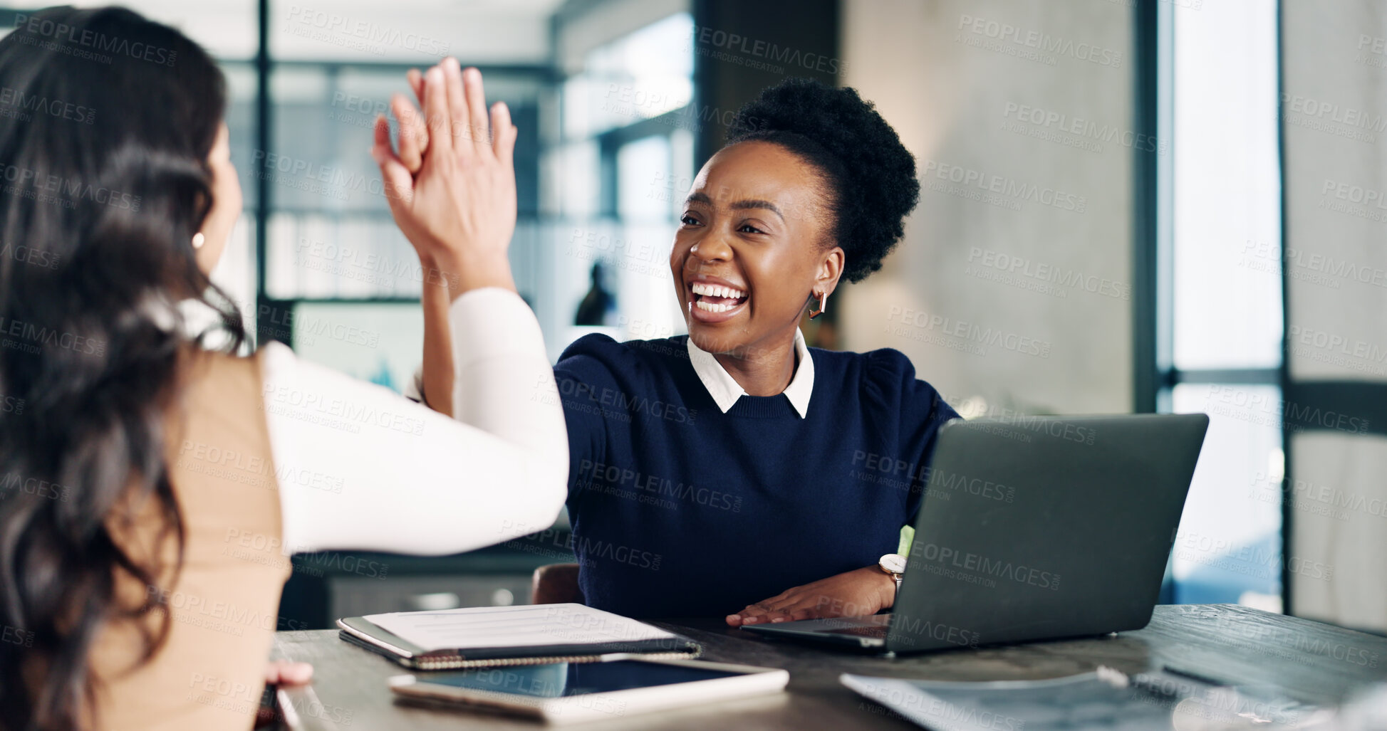 Buy stock photo Office, women and laptop with high five for real estate listing, teamwork and excited together. Realtor, collaboration and people with tech for property sale, good news and happy with success