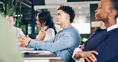 Buy stock photo Man, listening and business people in meeting for planning, sustainable project and strategy. Team, workshop and workers with feedback, funding and discussion for eco friendly campaign in office