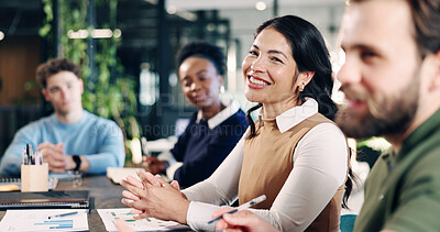 Buy stock photo Meeting, happy and business people in office for collaboration on revenue growth with finance report. Smile, discussion and financial advisors with planning for investment proposal in workplace.