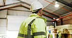 Woodworking, thinking and man with helmet in workshop, inspection and plan for furniture production. Carpenter, quality assurance and person with hard hat, back and manufacturing project in factory