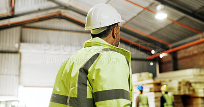 Buy stock photo Woodworking, supervisor and man with helmet in factory, back and inspection for furniture production. Carpenter, quality assurance and person with hard hat, manufacturing and project in workshop