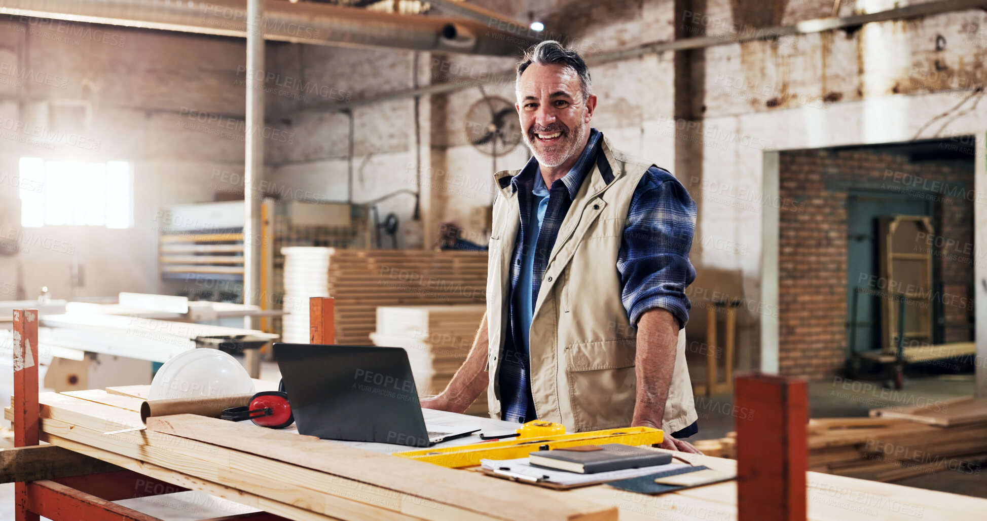 Buy stock photo Smile, man and portrait of carpenter in workshop with confidence for furniture manufacturing. Happy, artisan and mature woodworker with research for timber production with about us in factory.