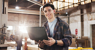 Buy stock photo Laptop, man and portrait of carpenter in workshop with confidence for furniture manufacturing. Happy, industry artisan and woodworker with computer for timber production with research in factory.
