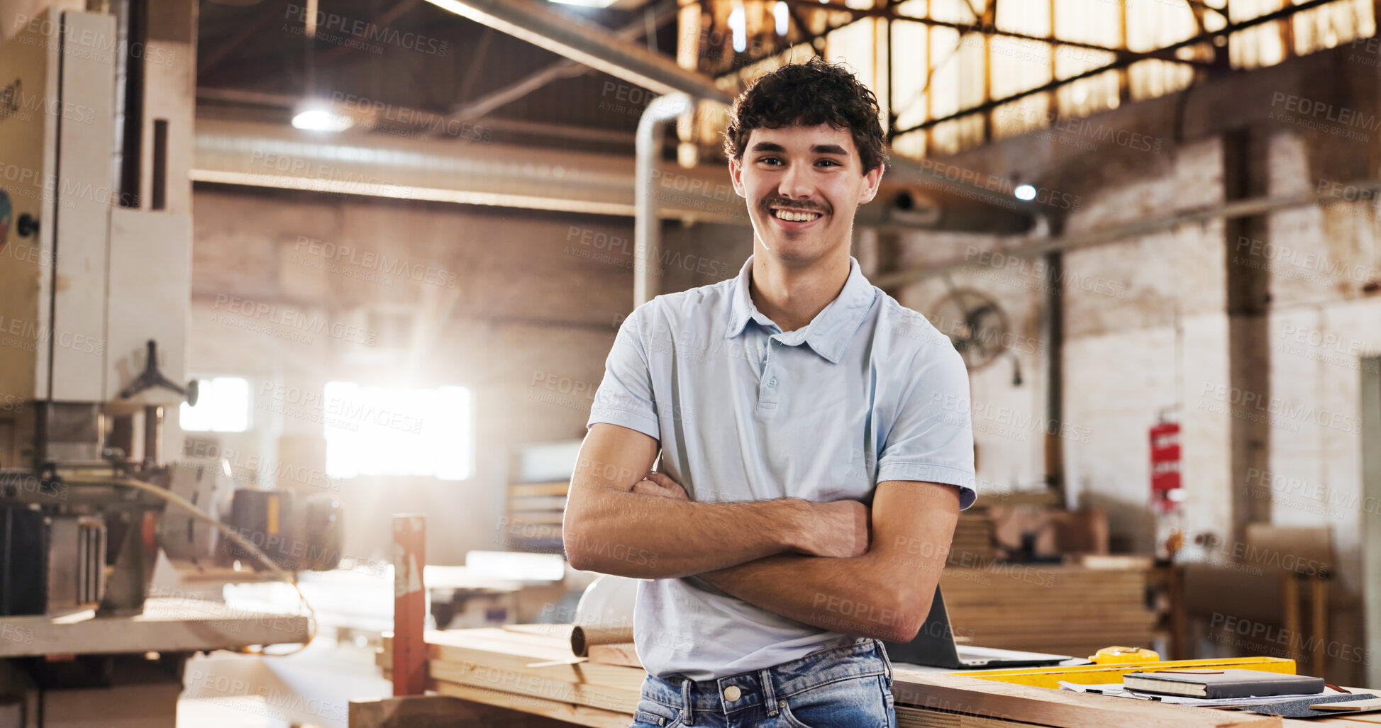 Buy stock photo Crossed arms, man and portrait of woodworker in workshop with confidence for furniture manufacturing. Happy, industry artisan and carpenter with pride for timber production with about us in factory.