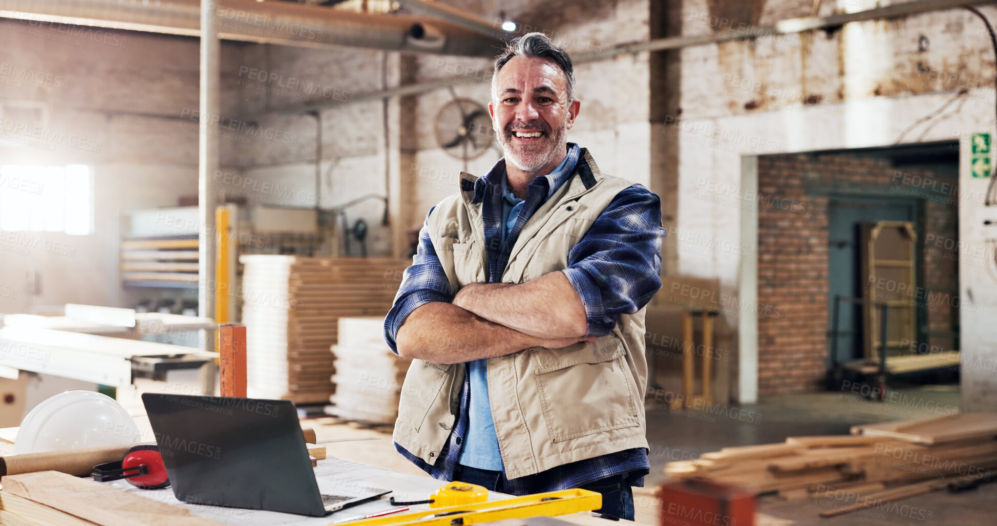 Buy stock photo Crossed arms, man and portrait of carpenter in workshop with confidence for furniture manufacturing. Happy, artisan and mature woodworker with pride for timber production with about us in factory.