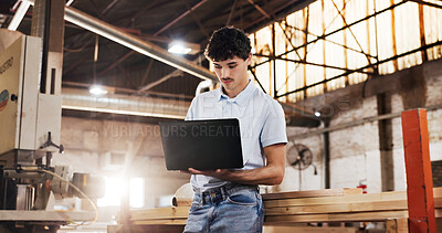 Buy stock photo Laptop, carpenter and man in workshop for online report, planning or inventory for furniture project. Carpentry, factory and person on computer for woodworking, production schedule or timber business