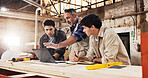 Carpenter, team and laptop in warehouse for planning, project management and help for apprentice. Men, tech and discussion in woodworking factory for collaboration, tips and productivity with flare