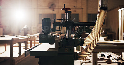 Buy stock photo Empty, workshop and machine for carpentry, woodworking and precision cutting for furniture design. Production, factory and equipment for dust extraction, cleaning or carving wood for timber operation