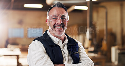 Buy stock photo Carpentry, portrait or man in warehouse with arms crossed, craftsman or pride in furniture business. Happy, goggles or mature carpenter with confidence, woodworking or about us as lumber contractor.