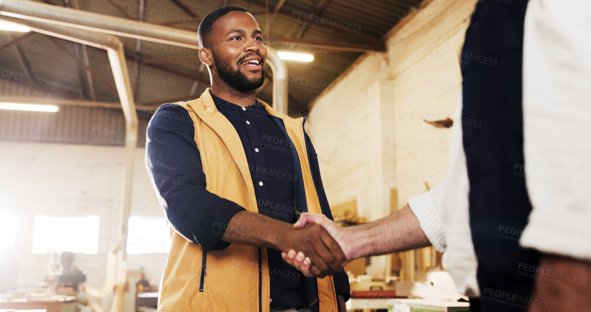 Buy stock photo Handshake, man and carpentry deal in warehouse for production contract, meeting or joinery team. Happy, carpenters and shaking hands for design approval, agreement and custom furniture collaboration
