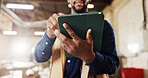 Carpentry, review or hands in warehouse with tablet, order brief or stock control in furniture production. Flare, man or artisan with tech, delivery checklist or inventory management in woodworking.
