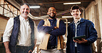 Crossed arms, happy and portrait of carpenters in workshop with confidence for manufacturing industry. Men, flare and team of woodworkers with pride for about us, support or solidarity in factory.