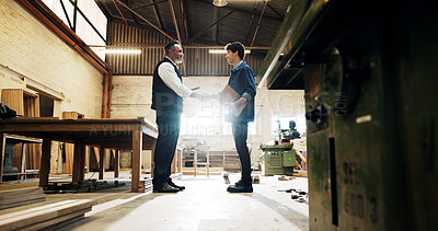 Buy stock photo Happy, meeting and men handshake in carpentry for inspection pass, shopfitting permit or flare. Talk, inspector or carpenter shaking hands for project clearance, approval or compliance in warehouse