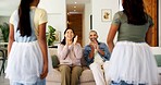 Clapping, parents or kids with dance performance, support or encouragement in home rehearsal. Children, mother or father on sofa with applause, family praise or admiration for sibling ballet practice