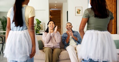 Buy stock photo Clapping, parents or kids with dance performance, support or encouragement in home rehearsal. Children, mother or father on sofa with applause, family praise or admiration for sibling ballet practice