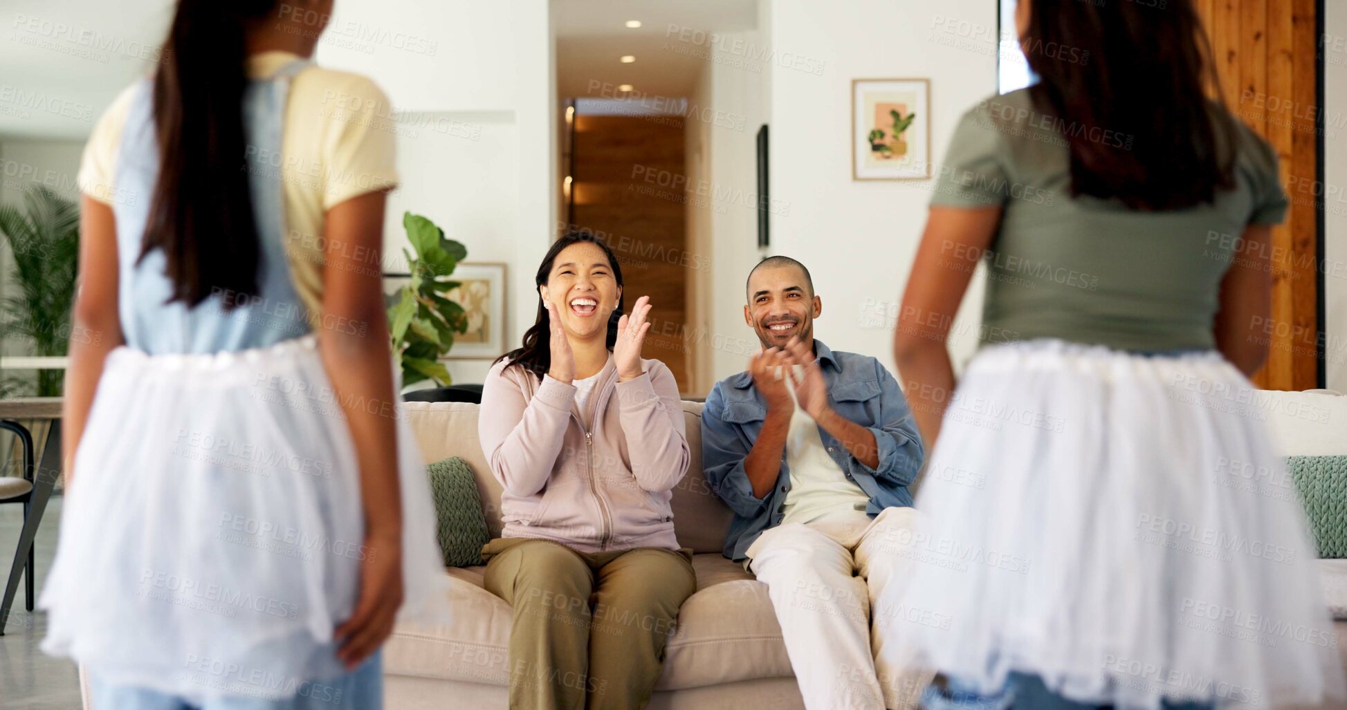 Buy stock photo Clapping, parents or kids with dance performance, support or encouragement in home rehearsal. Children, mother or father on sofa with applause, family praise or admiration for sibling ballet practice