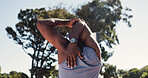 Fitness, preparing or man outdoor with stretching, arm mobility or injury prevention in physical activity. Sport, back or male person in park with start, shoulder or muscle improvement in warm up.