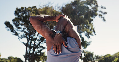 Buy stock photo Fitness, preparing or man outdoor with stretching, arm mobility or injury prevention in nature. Sport, back or male person in park with physical activity, shoulder or muscle improvement in warm up.