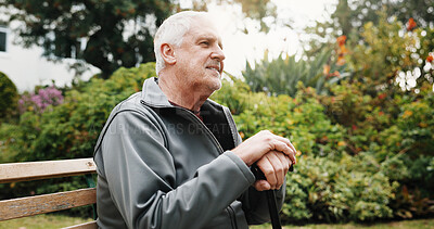 Buy stock photo Thinking, outdoor and senior man on bench with reflection, fresh air and thoughtful for wellness. Retirement, nature and happy person with walking stick, nostalgia and memory for peace, calm or relax