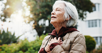 Buy stock photo Old woman, breathing and meditation in nature for travel, mindfulness and calm morning on holiday. Senior person, eyes closed or inhale for inner peace, fresh air and retirement vacation for wellness