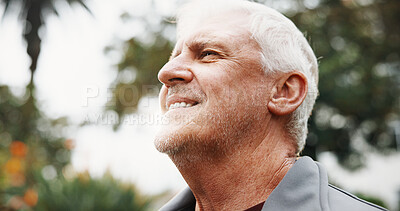 Buy stock photo Thinking, happy and senior man outdoor with reflection, fresh air and thoughtful for wellness. Retirement, nature and person with nostalgia, positivity or memory for peace, calm and relax in morning