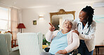 Pointing, doctor and old woman in wheelchair for help, homecare and medical support with smile. Healthcare worker, retirement and happy person with disability, assisted living and show view at visit
